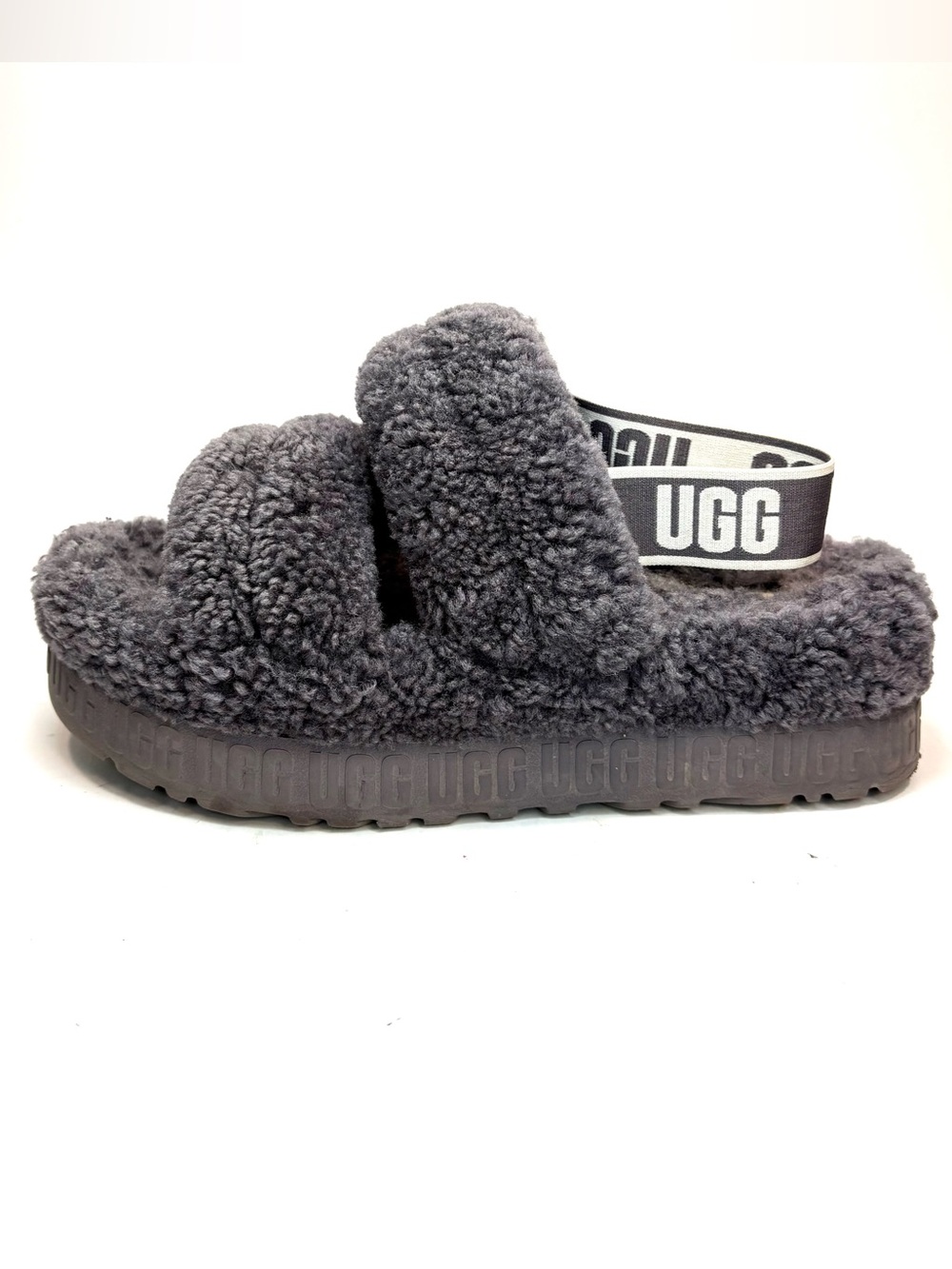 UGG Fluff Slide Platform Sandal - Charcoal Gray | 9